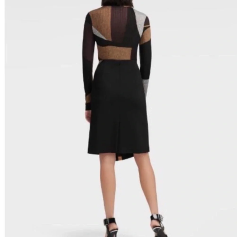 DKNY Black Midi Skirt with Tan and White Stripe Detail